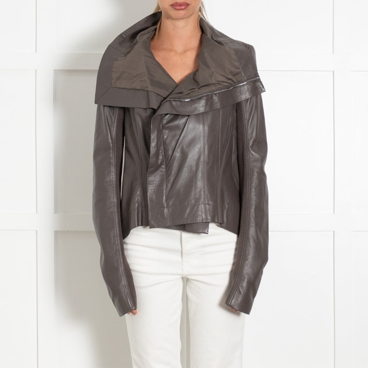 Rick Owens Grey Leather Asymmetric Biker Jacket