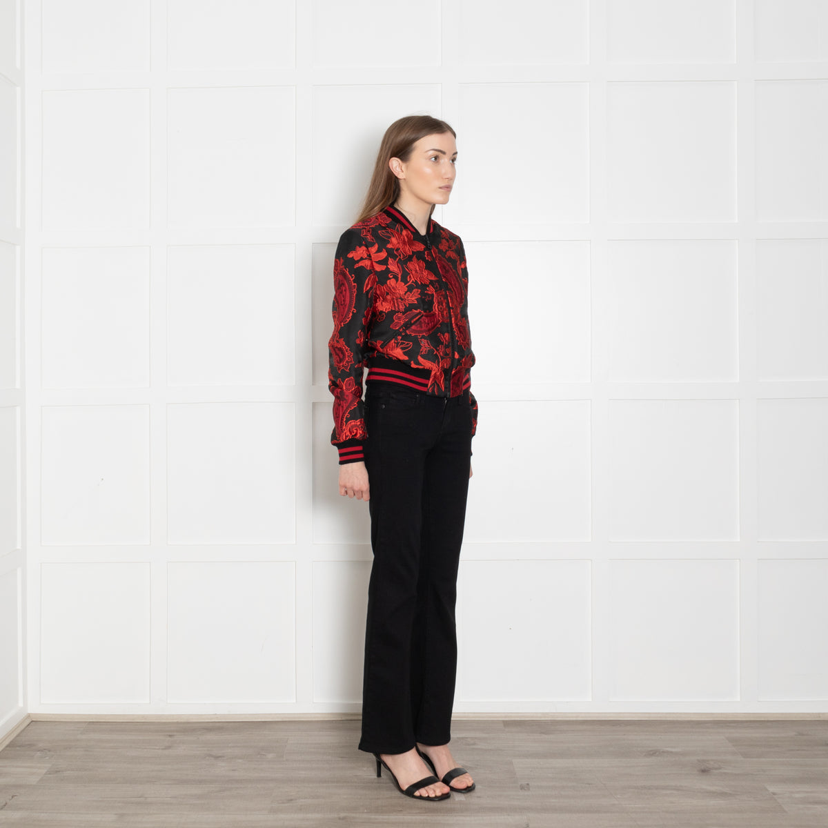 Alice + Olivia Black Red Floral Jacquard Bomber Jacket