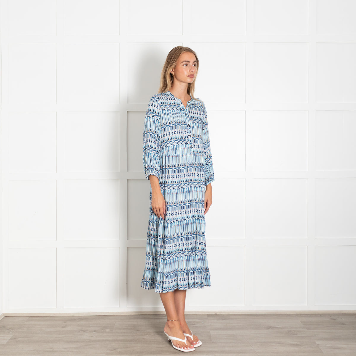 Dea Kudibal Blue Pink Patterned Long Sleeve Midi Dress