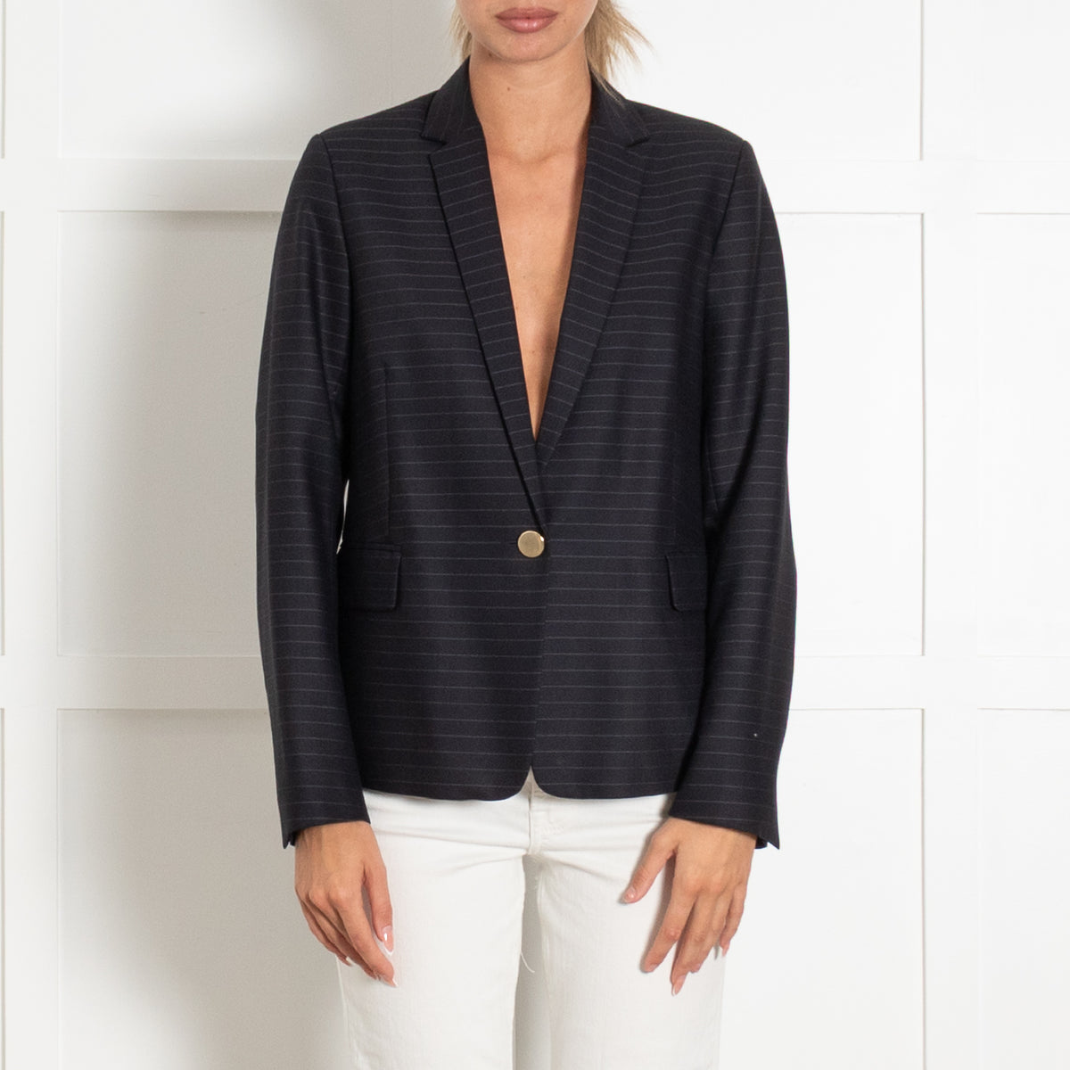 Sandro Navy Stripe Single Breasted Blazer With Gold Button