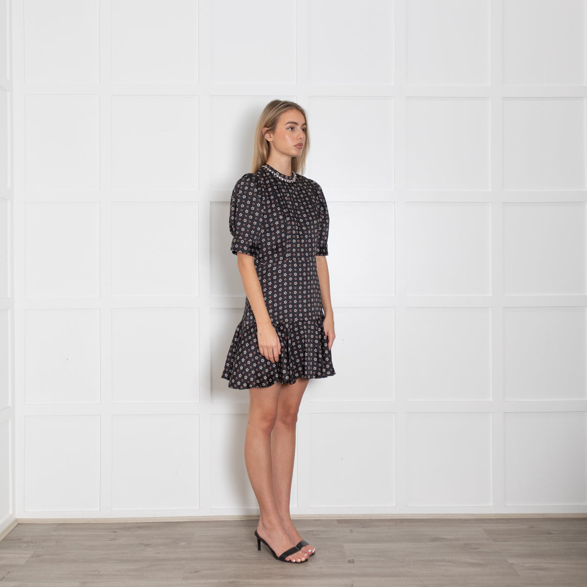 Sandro Black White Stars Print Silver Diamante Neck Detail Midi Dress