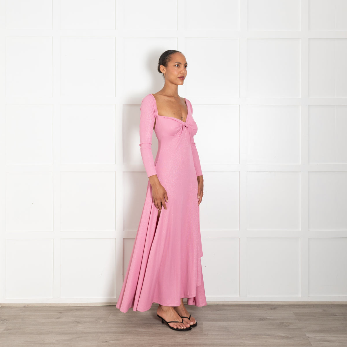 Gul Hurgel Pink Sparkly Maxi, Front Splits,  L/Sleeve Knot Front Dress