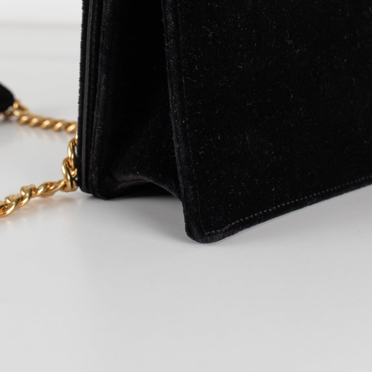 Prada Pattina Black Velvet Flap Bag With Gold Chain
