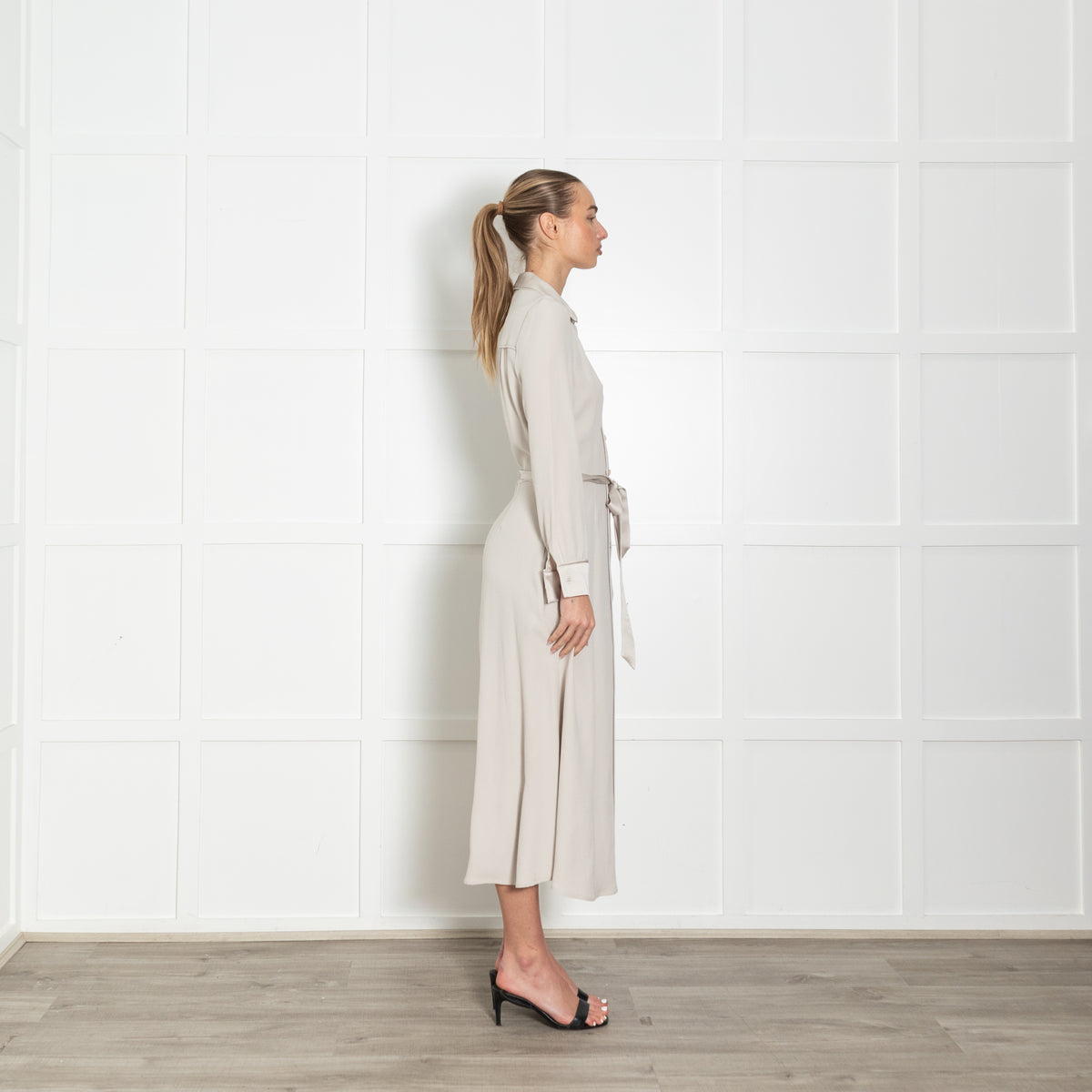 Goat Beige Belted Long Sleeve Button Up Midi Dress
