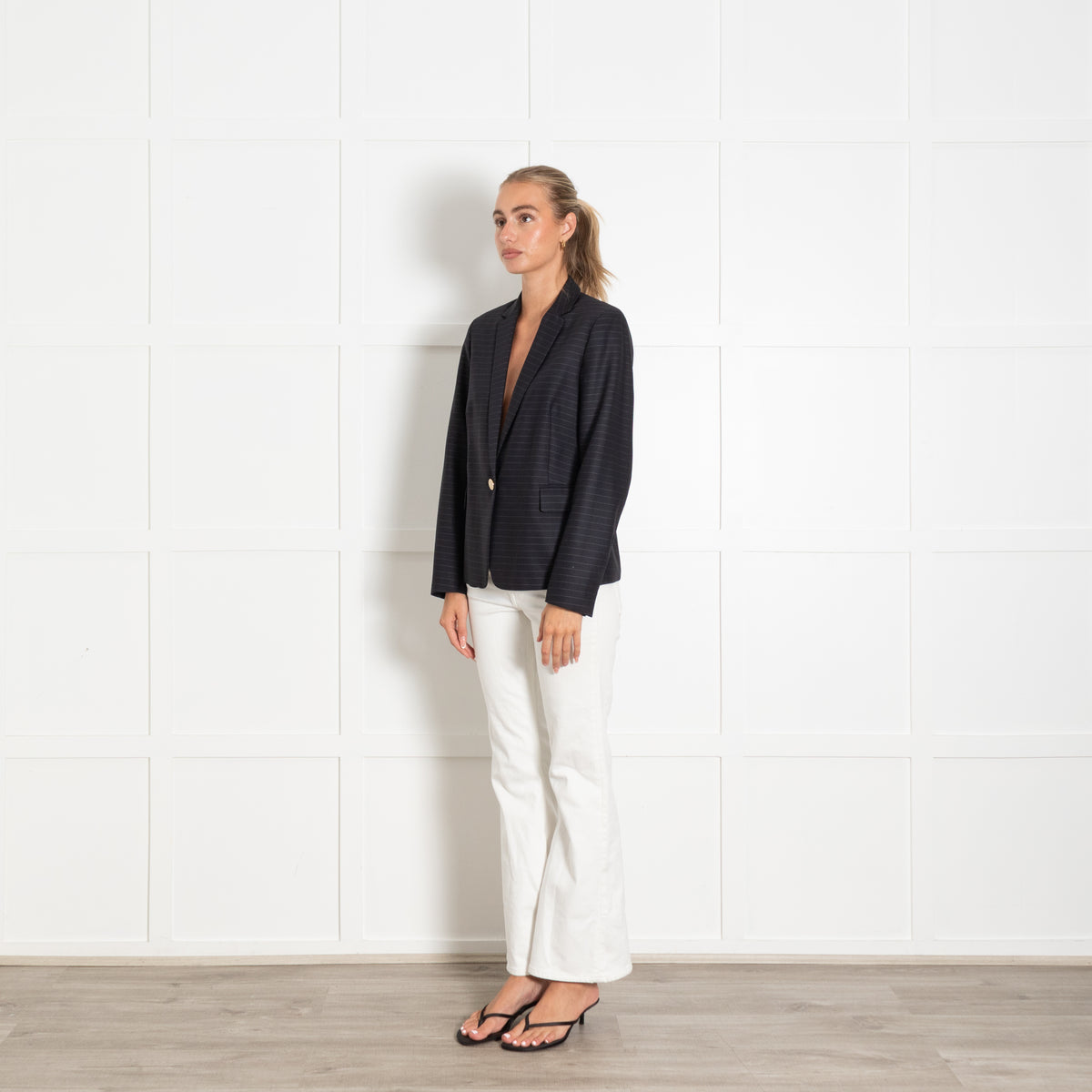 Sandro Navy Stripe Single Breasted Blazer With Gold Button