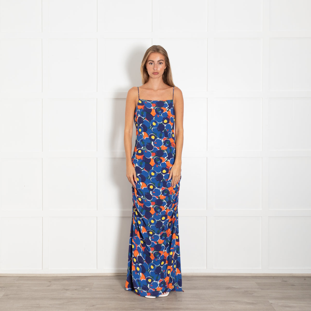 Staud Blue Orange Floral Pattern Strappy Maxi Dress