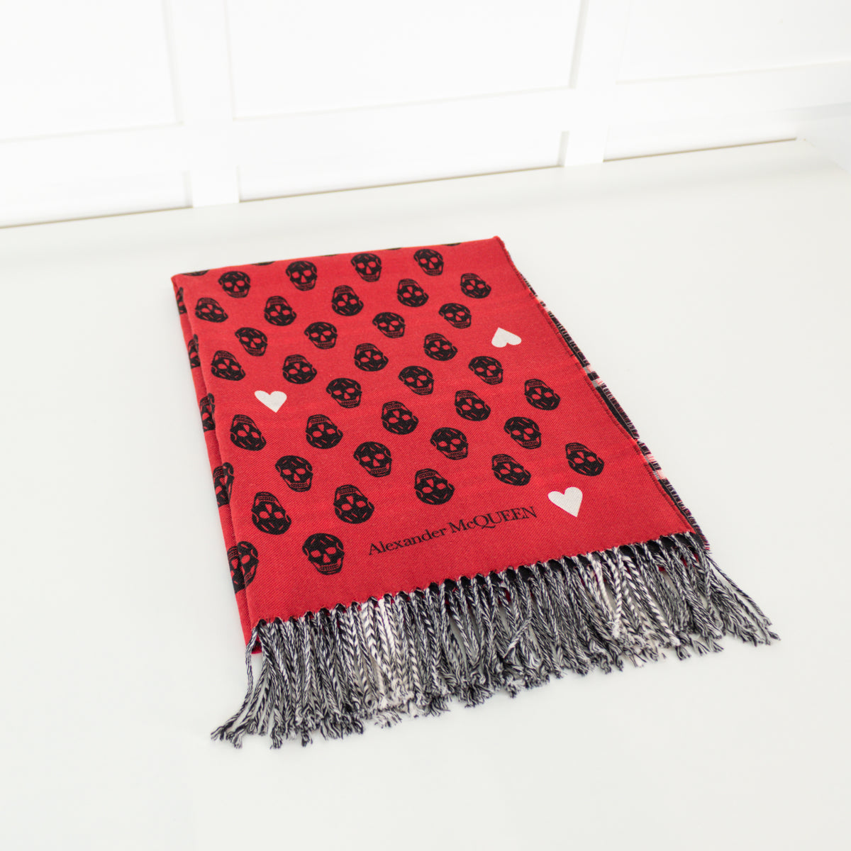 Alexander McQueen Red And Black Skull and Heart Print Scarf