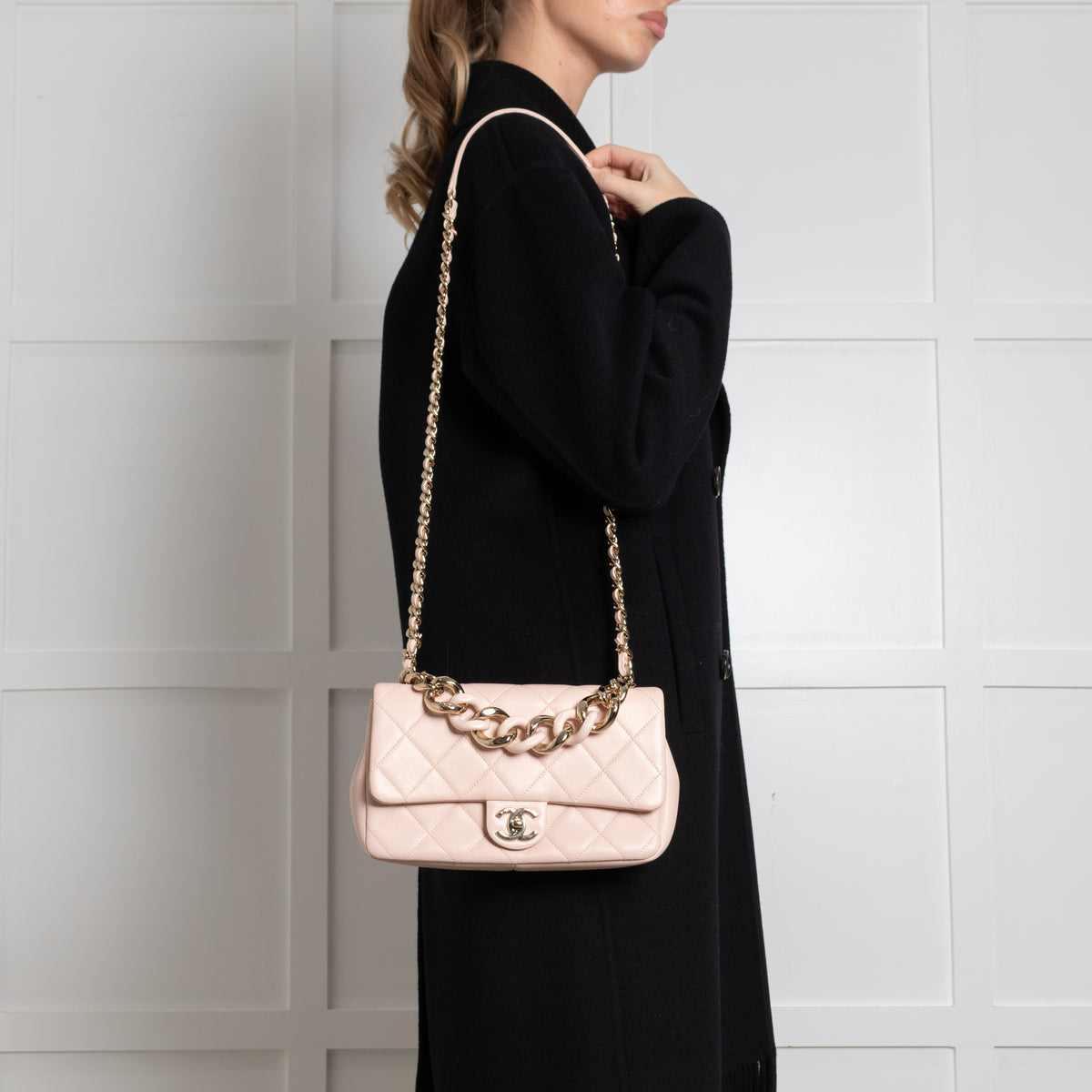 Chanel Beige Pink Leather Bi-Colour Chain Flap Bag