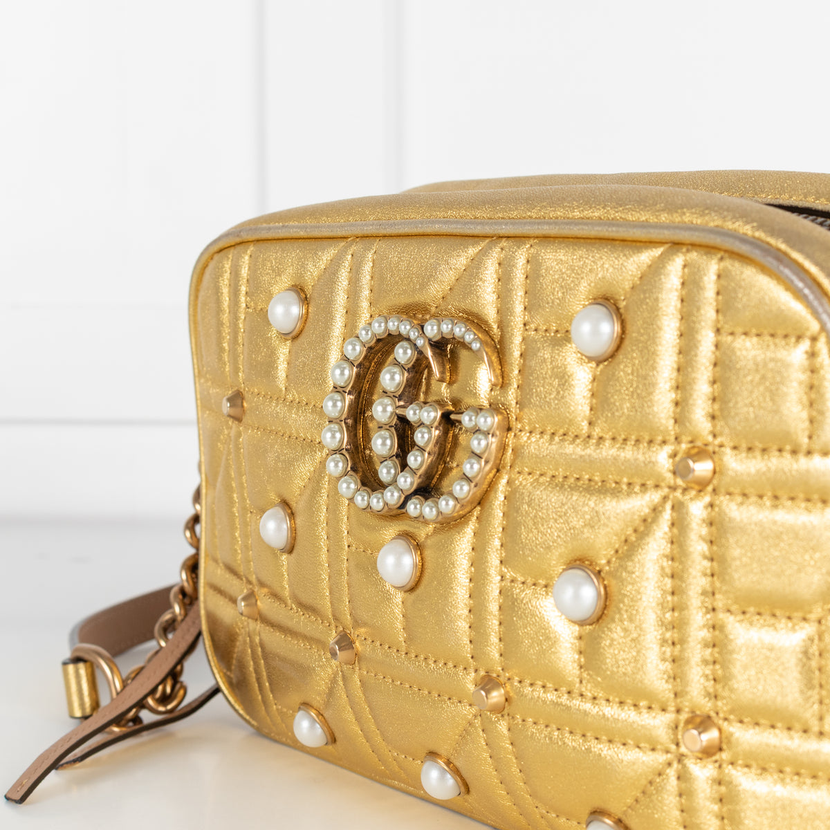Gucci GG Marmont Gold Leather Pearl Crossbody Bag