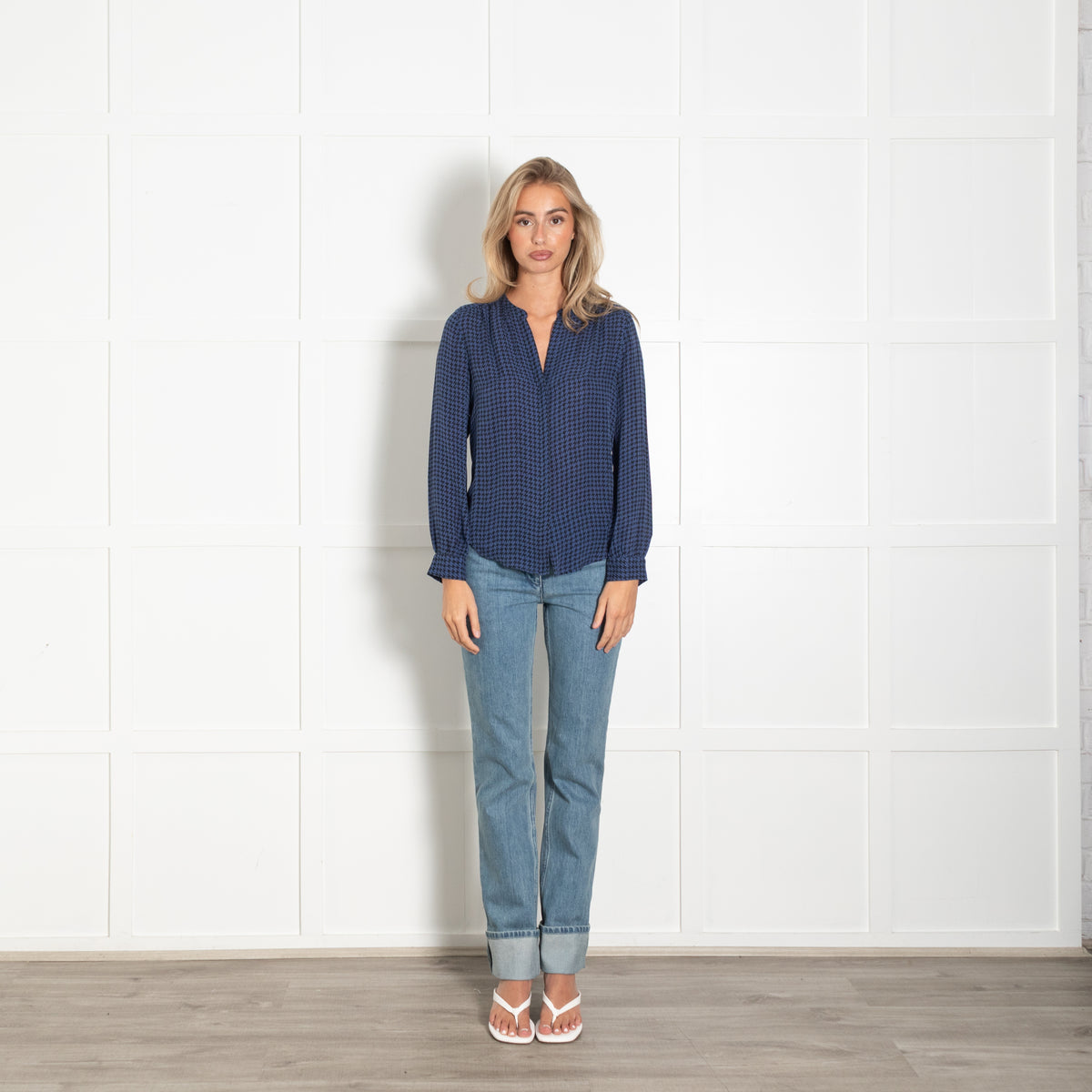 L'Agence Blue Black Print Silk Button Up Blouse