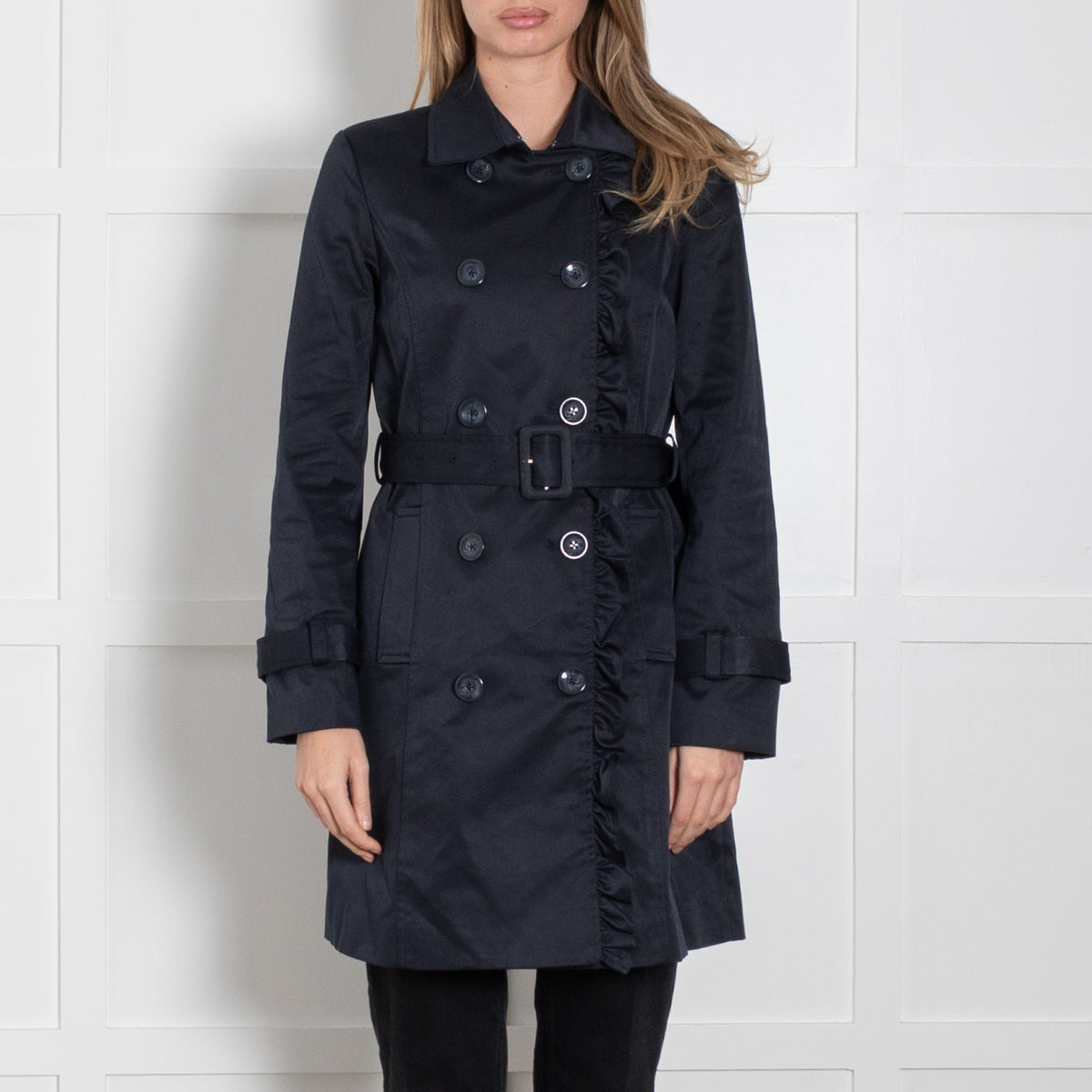 Soaked In Luxury Navy Frill Detail Belted Trench Coat
