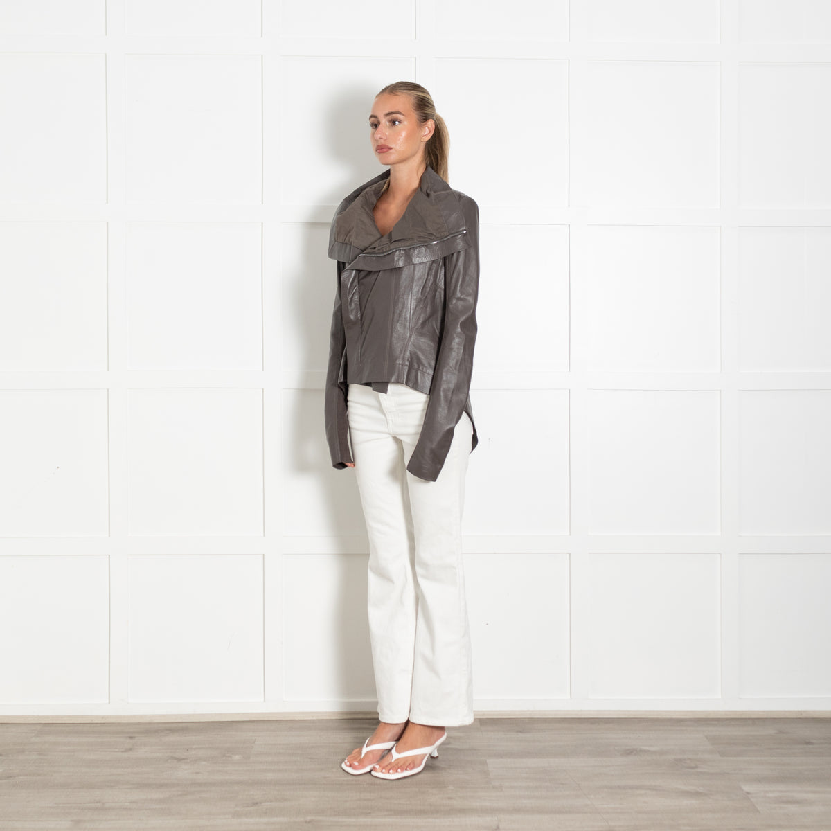 Rick Owens Grey Leather Asymmetric Biker Jacket