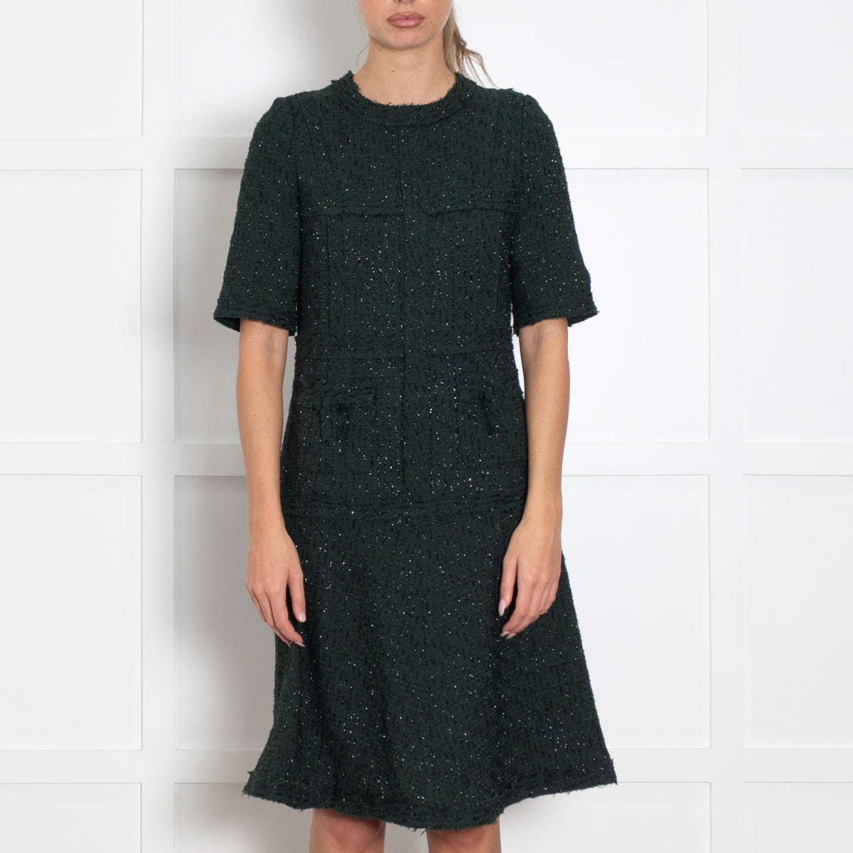 Teri Jon Dark Green Black Lurex Fleck Short Sleeve Dress