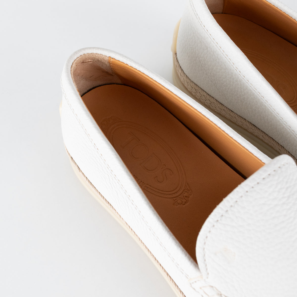 Tod's White Raffia Trimmed Leather Loafers
