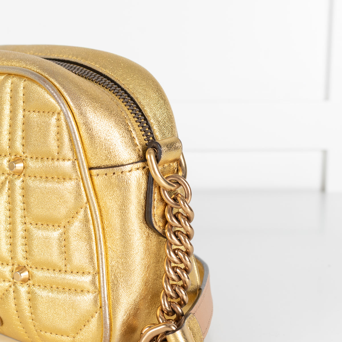 Gucci GG Marmont Gold Leather Pearl Crossbody Bag