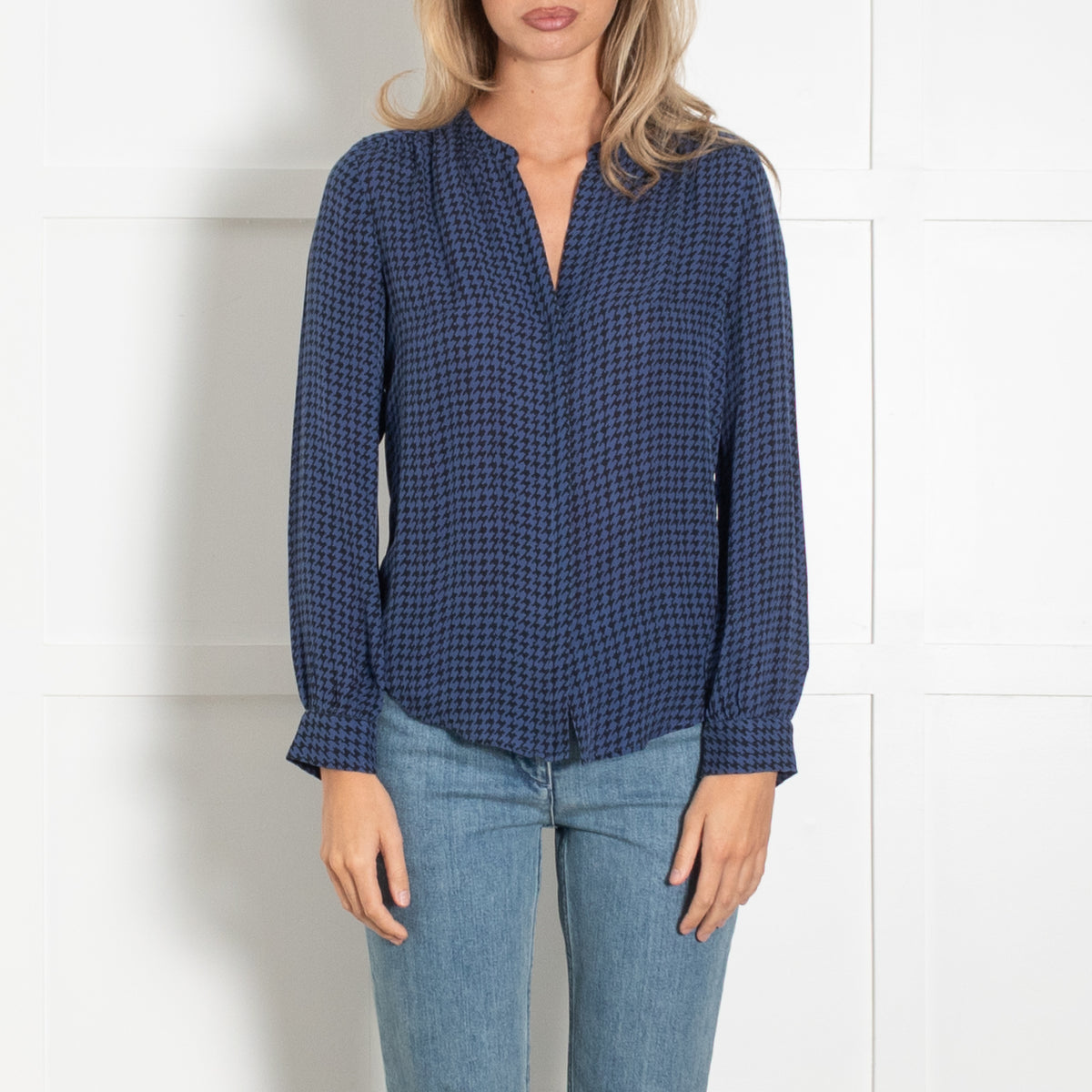 L'Agence Blue Black Print Silk Button Up Blouse