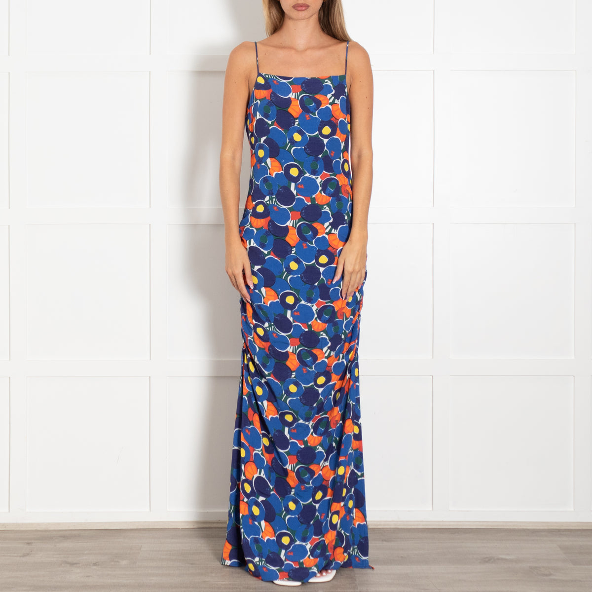 Staud Blue Orange Floral Pattern Strappy Maxi Dress