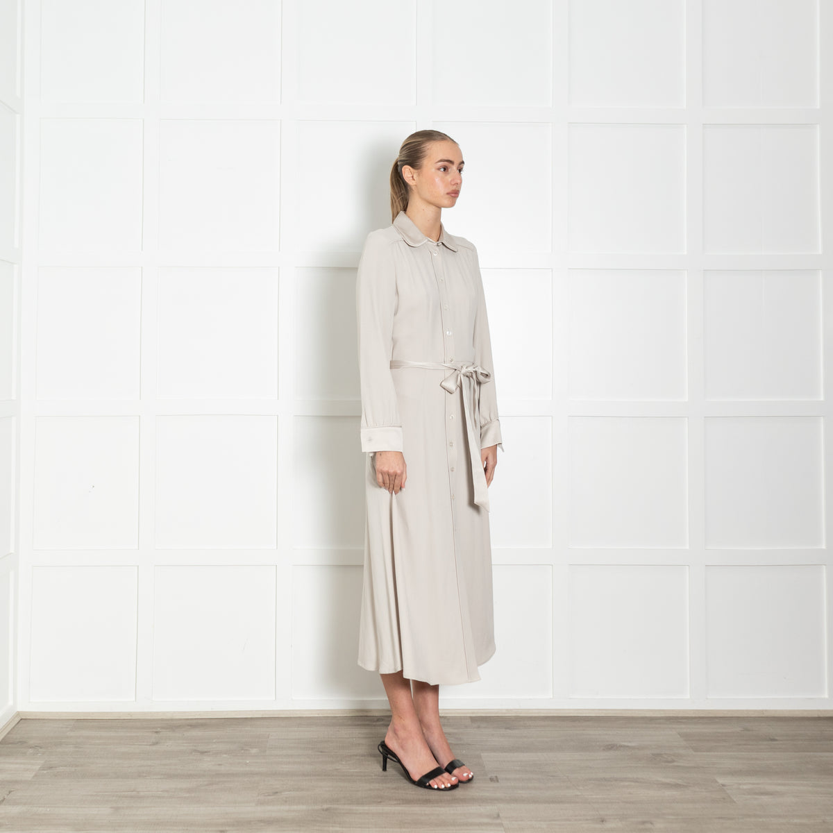 Goat Beige Belted Long Sleeve Button Up Midi Dress
