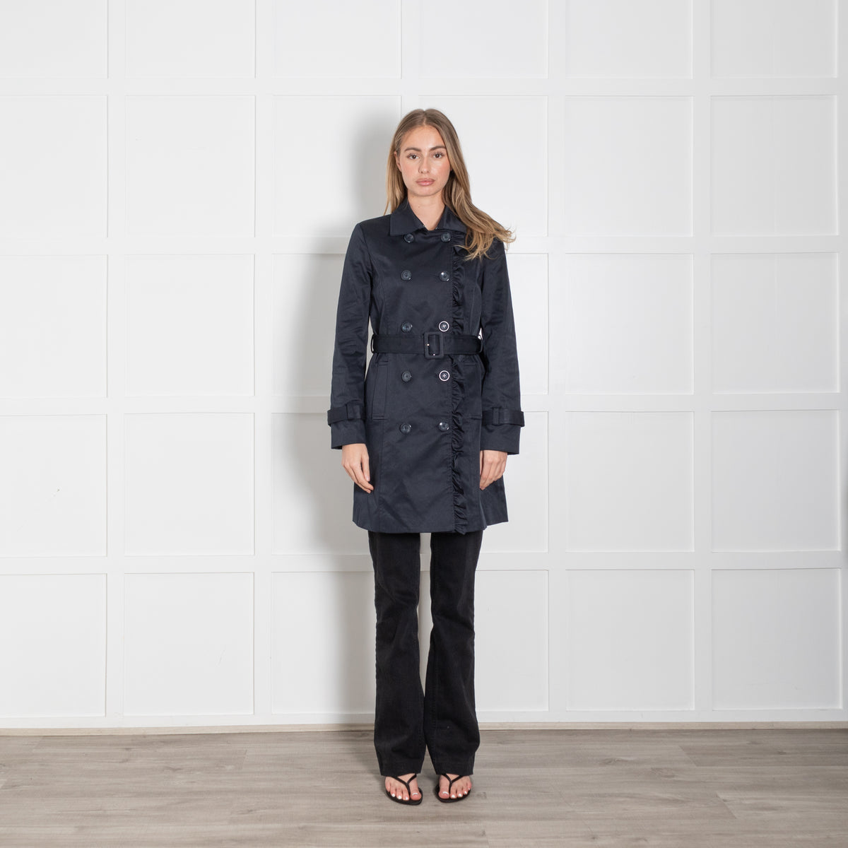 Soaked In Luxury Navy Frill Detail Belted Trench Coat