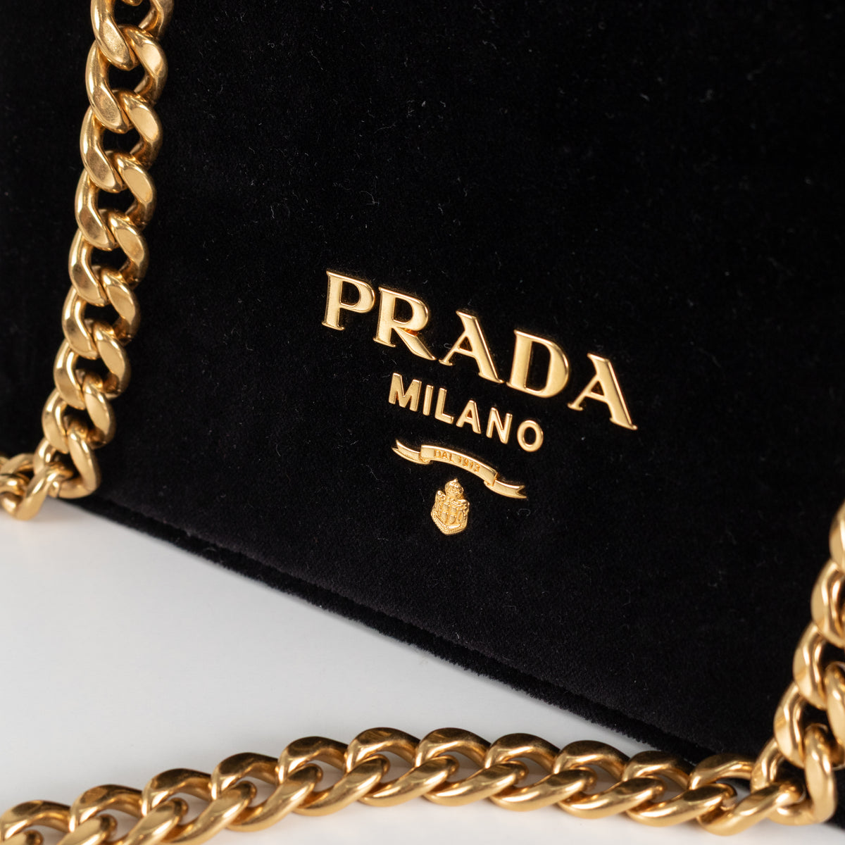 Prada Pattina Black Velvet Flap Bag With Gold Chain