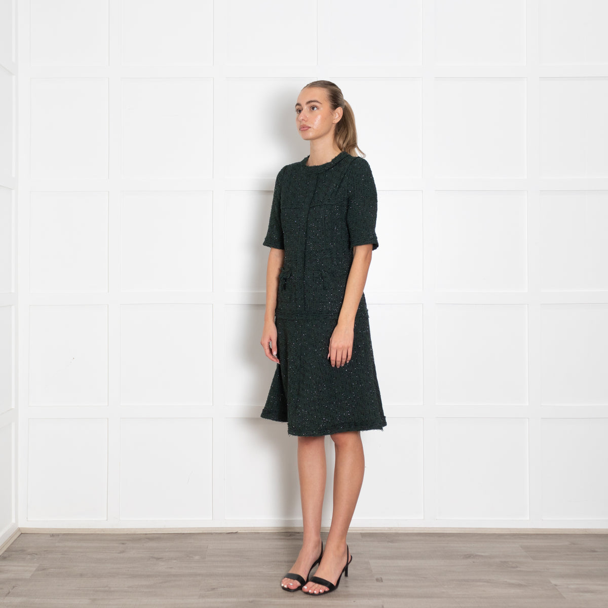 Teri Jon Dark Green Black Lurex Fleck Short Sleeve Dress