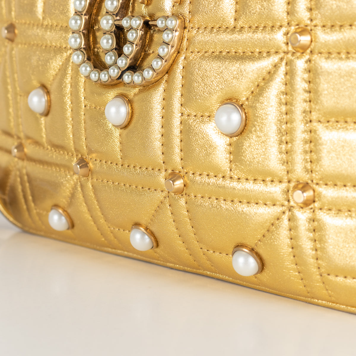 Gucci GG Marmont Gold Leather Pearl Crossbody Bag
