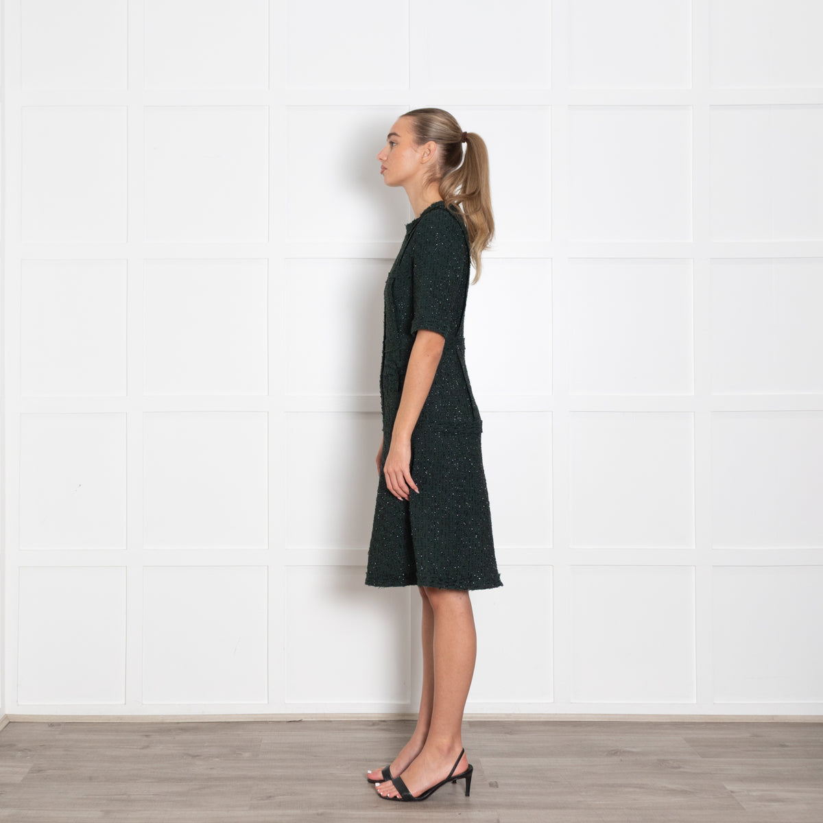 Teri Jon Dark Green Black Lurex Fleck Short Sleeve Dress