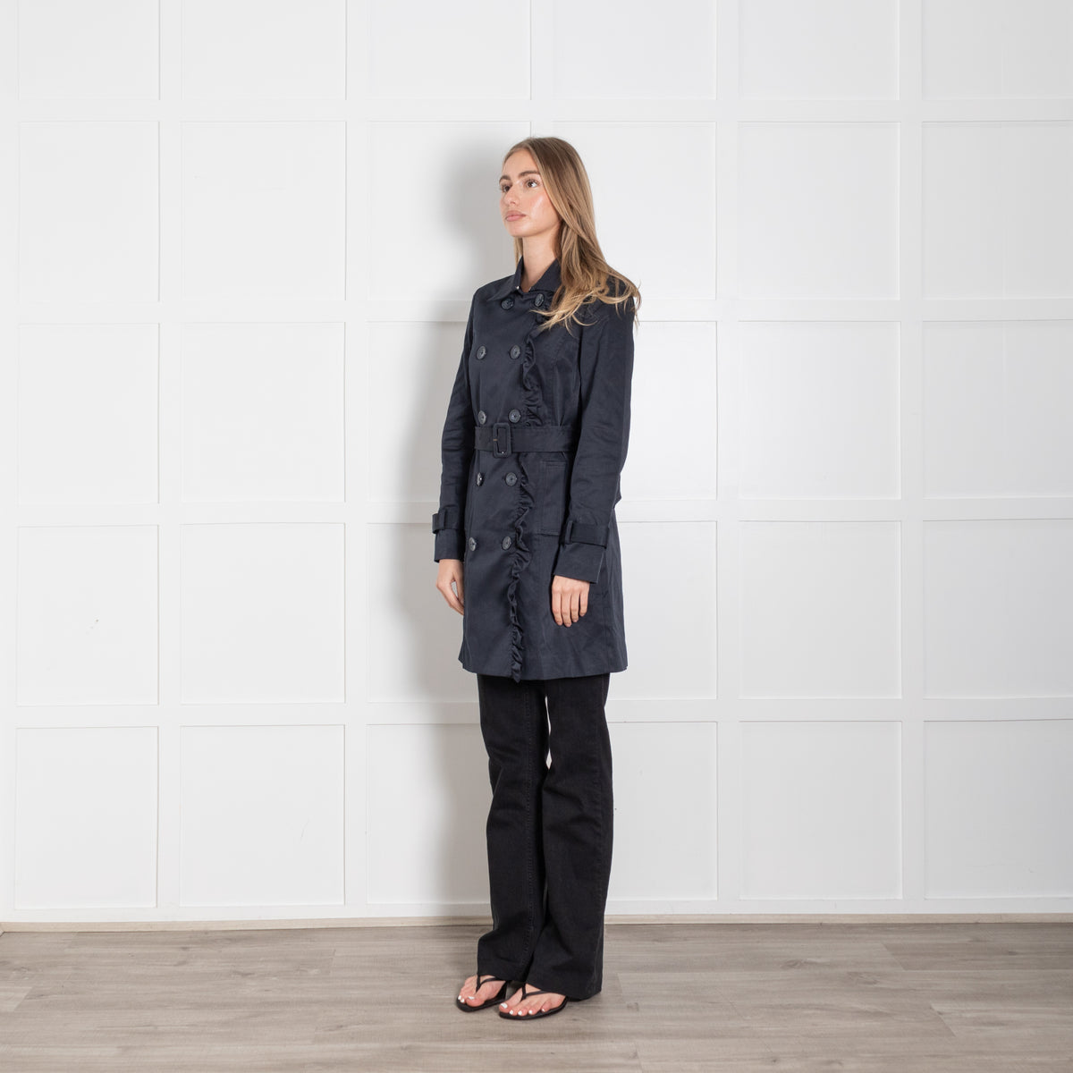 Soaked In Luxury Navy Frill Detail Belted Trench Coat