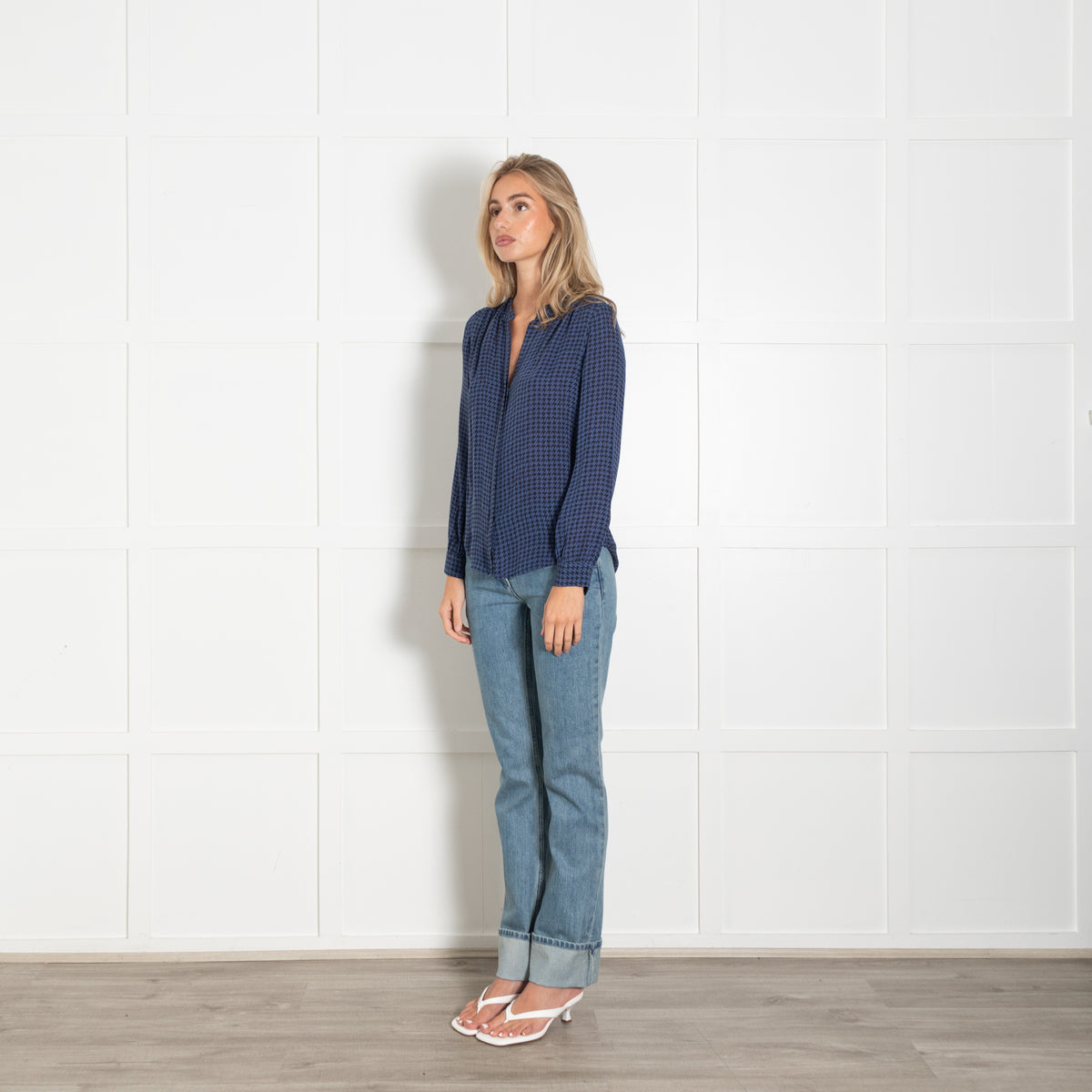 L'Agence Blue Black Print Silk Button Up Blouse