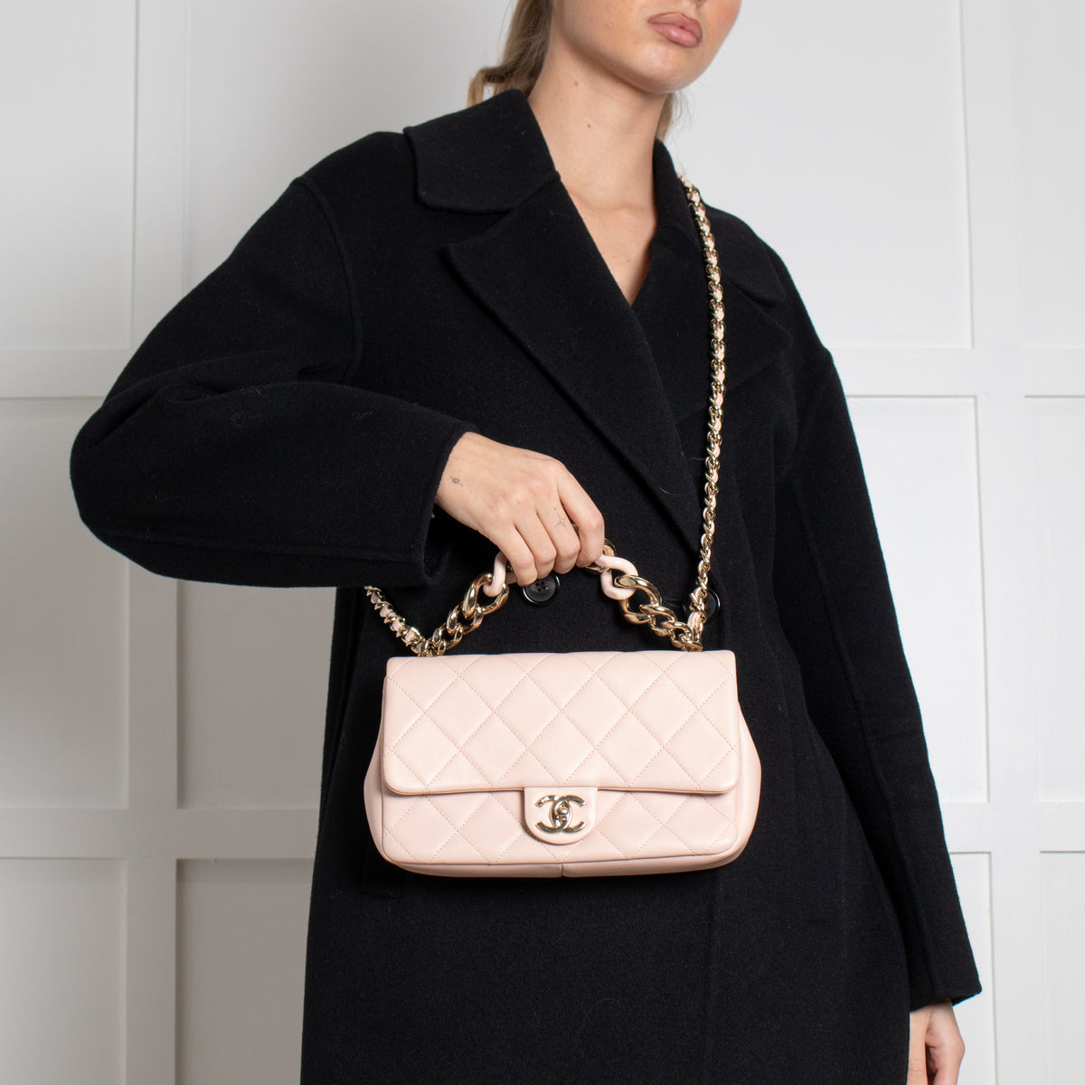 Chanel Beige Pink Leather Bi-Colour Chain Flap Bag