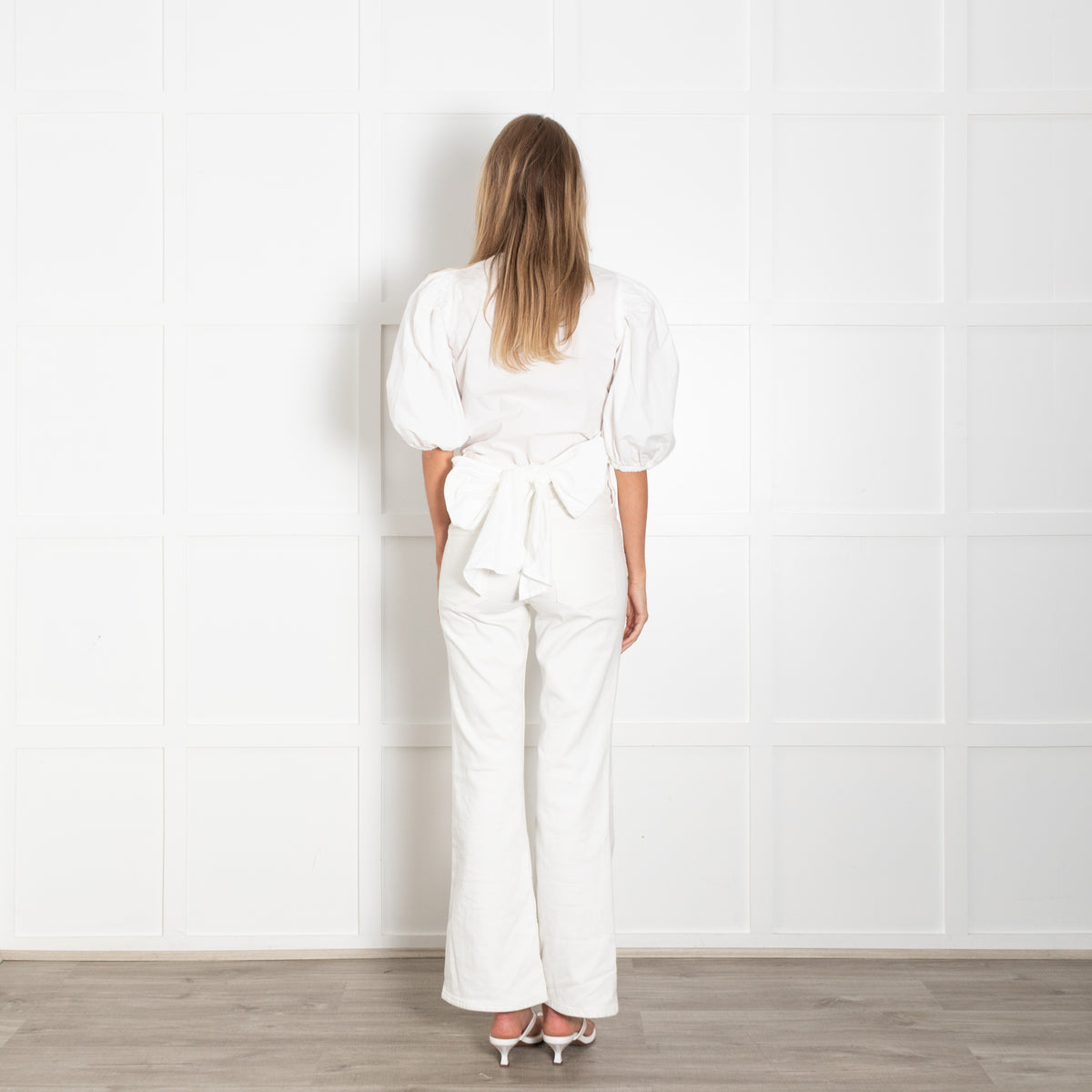 Ganni White Cotton Puff Sleeve Wrap Top