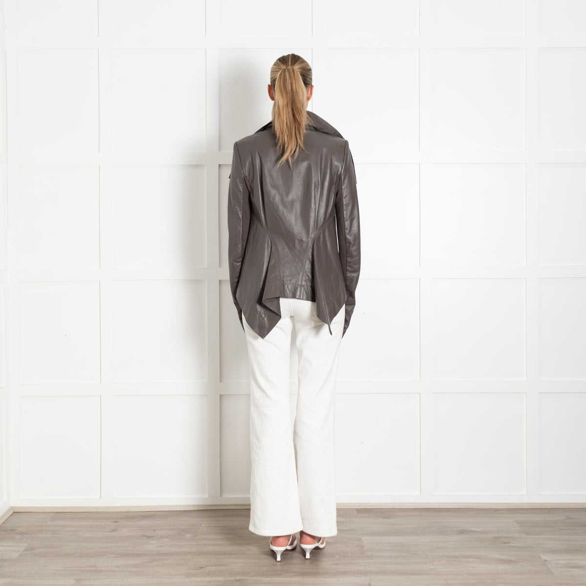 Rick Owens Grey Leather Asymmetric Biker Jacket