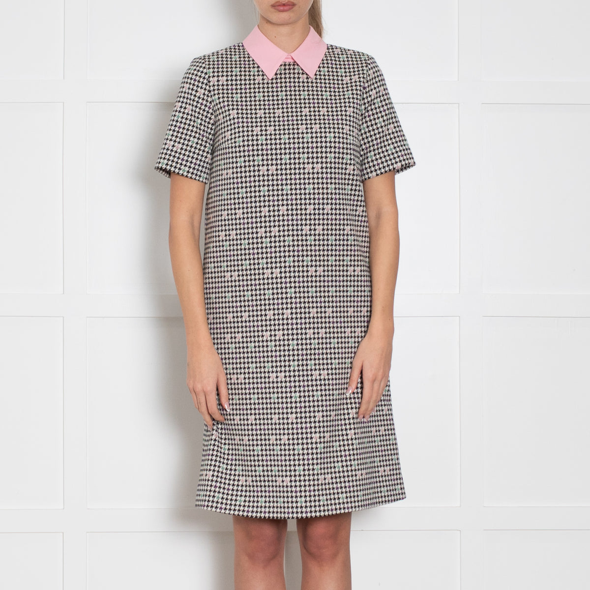 Paule Ka Cream Black Houndstooth Pattern Pink Collard Cotton Blend Midi Dress
