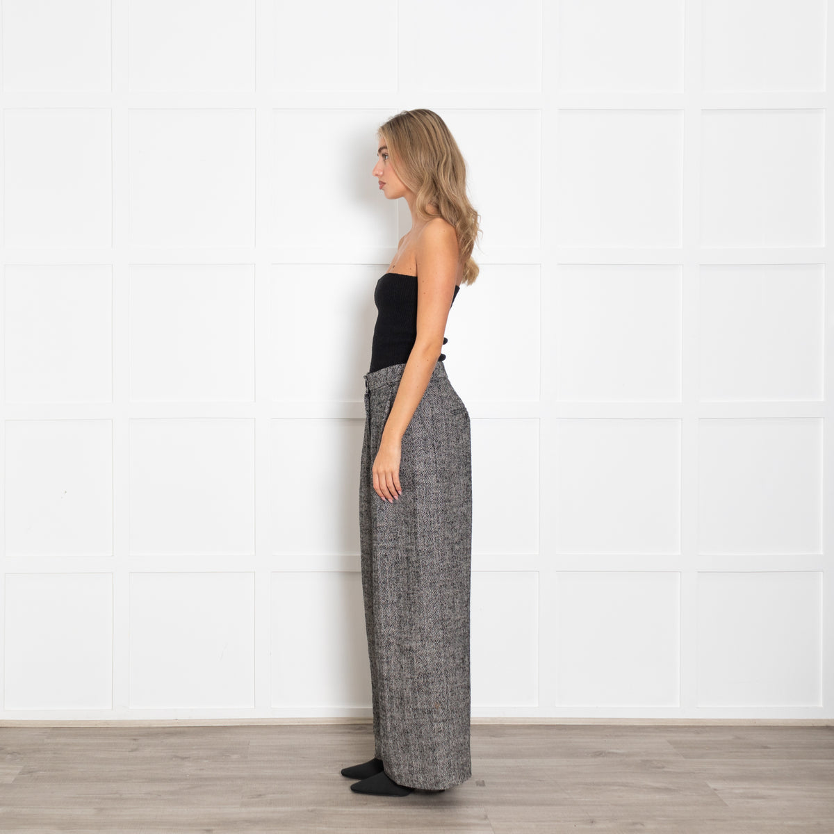 Essentiel Antwerp Black White Herringbone Wide Leg Trousers