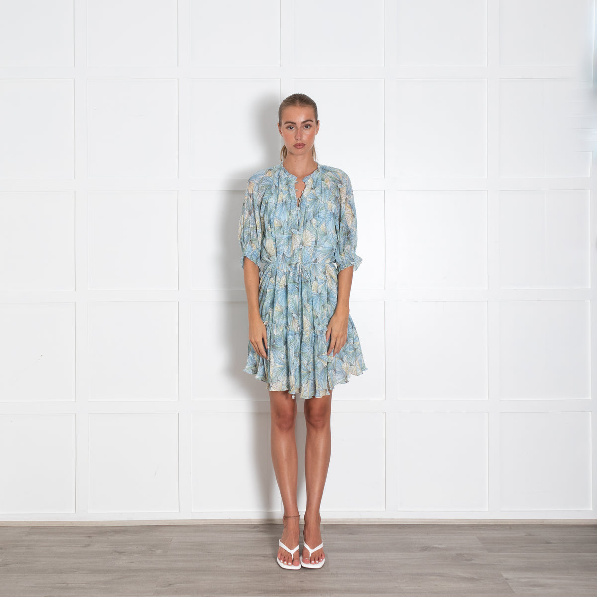 Veronica Beard Blue Yellow Green Floral Pattern Pleated Mini Dress
