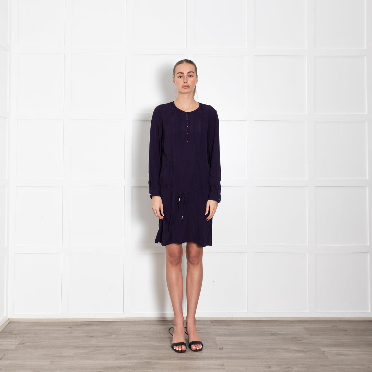 DVF Purple Pleats Detail Long Sleeve Dress