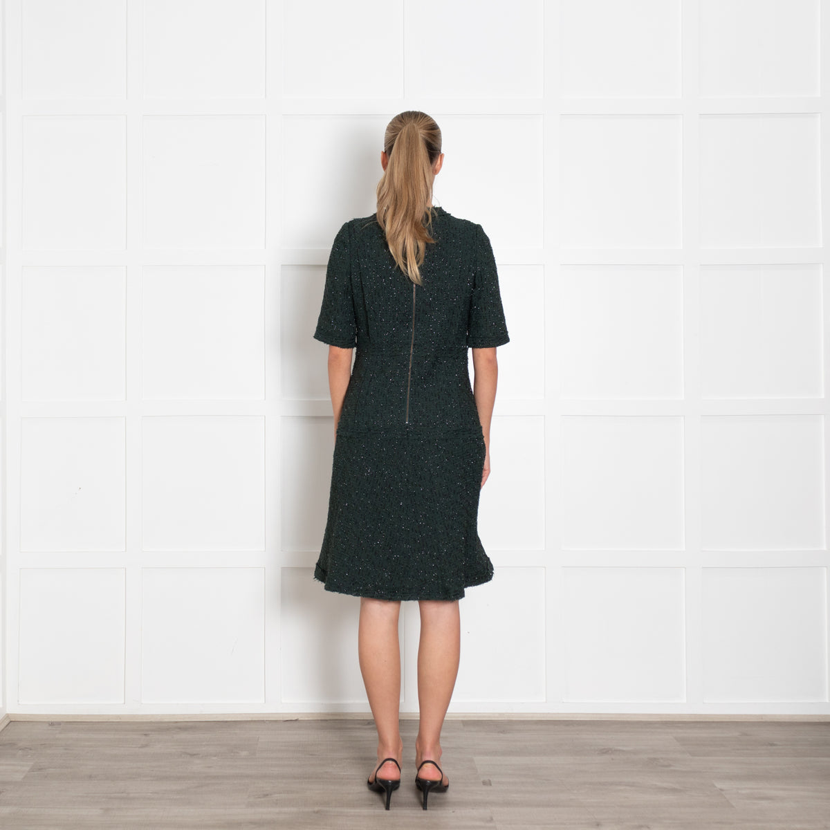 Teri Jon Dark Green Black Lurex Fleck Short Sleeve Dress