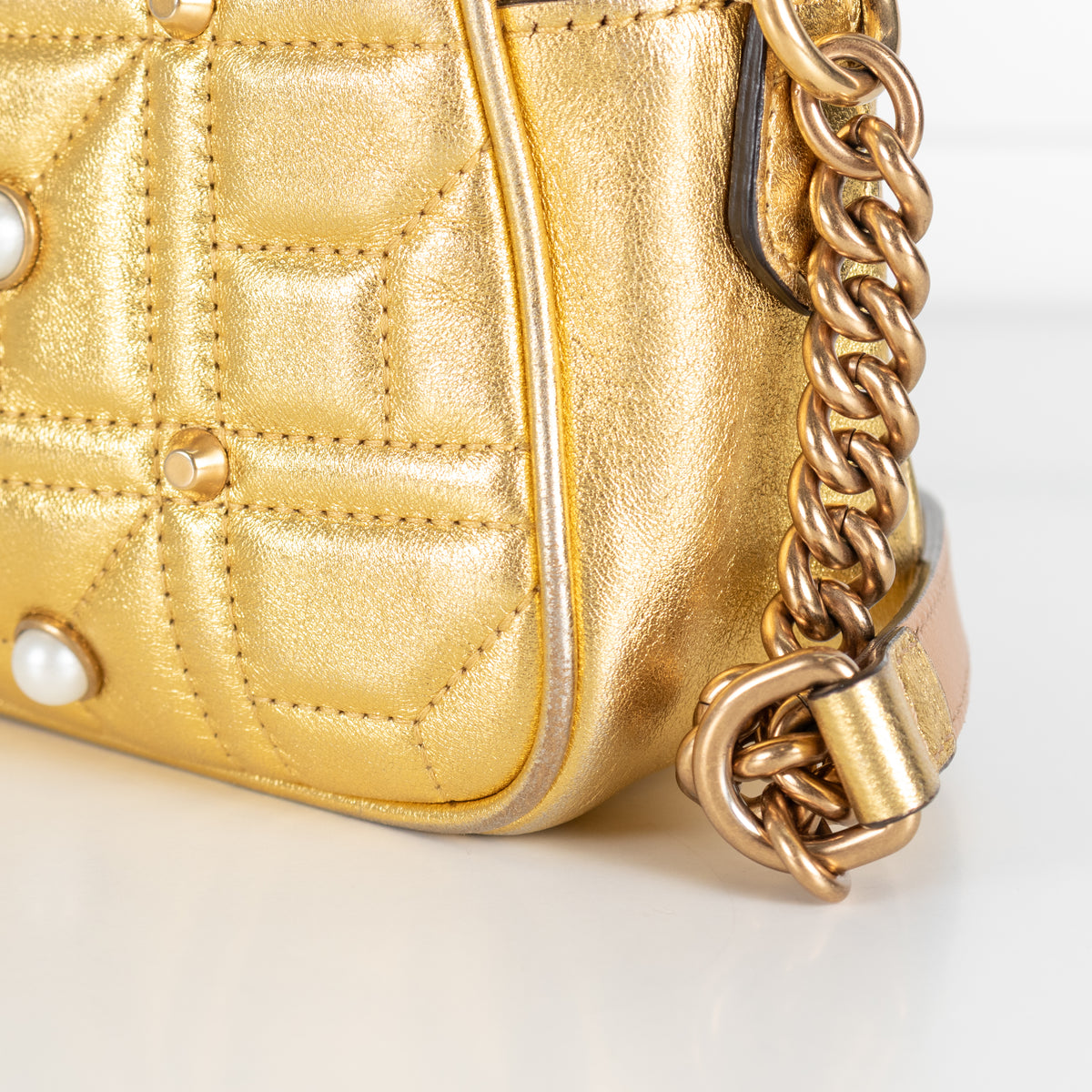 Gucci GG Marmont Gold Leather Pearl Crossbody Bag