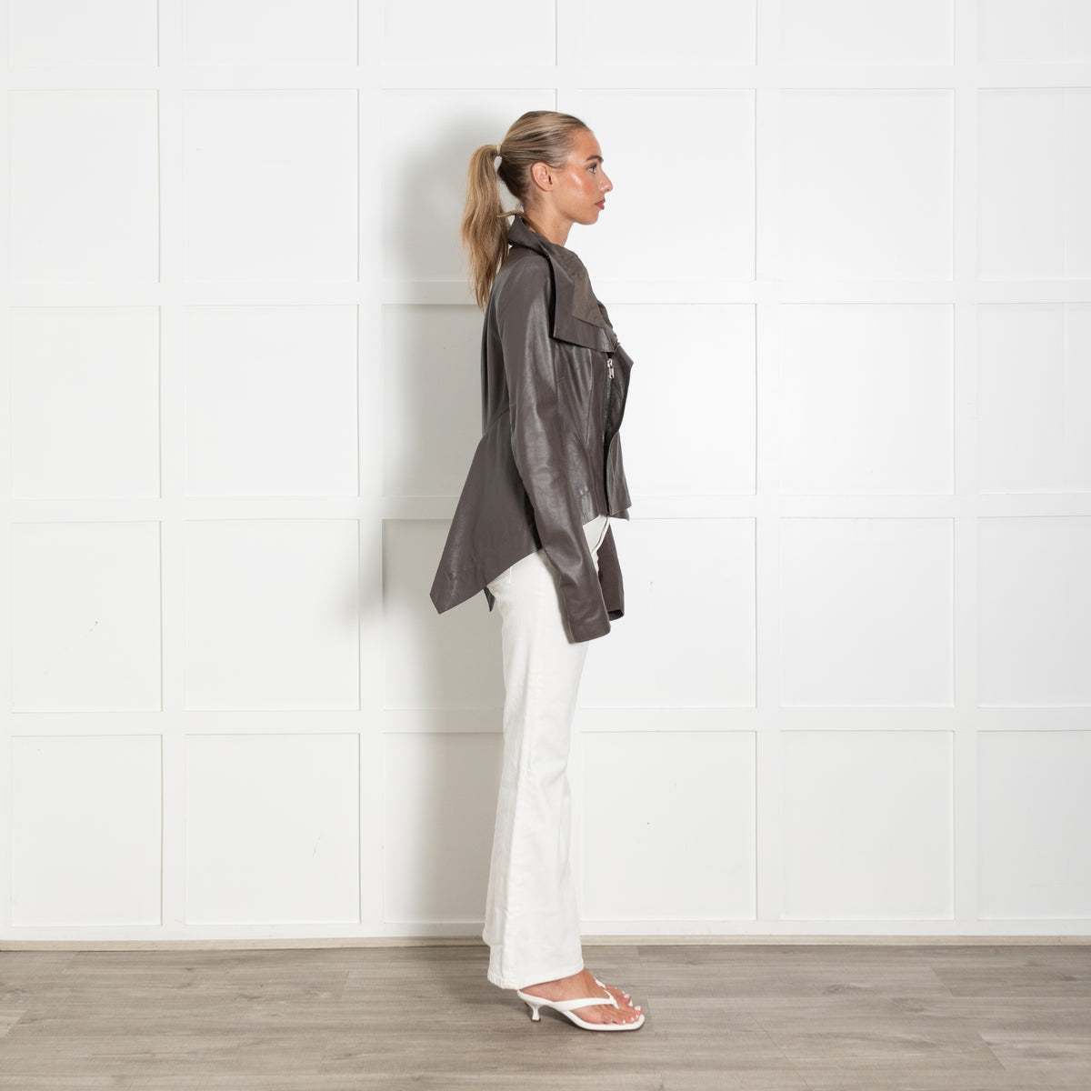 Rick Owens Grey Leather Asymmetric Biker Jacket