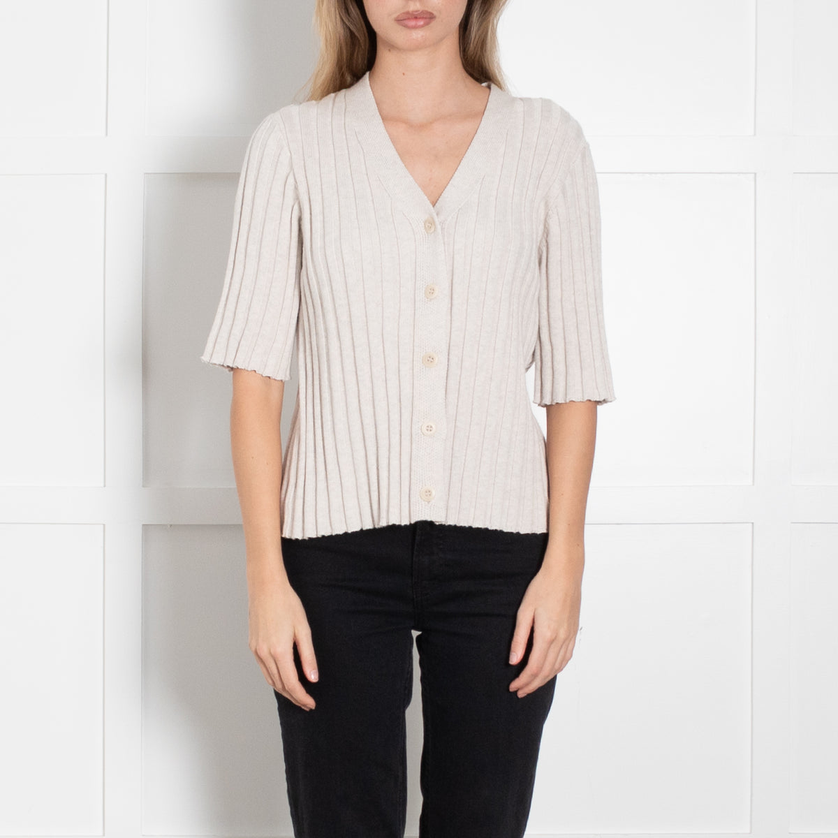 Kinross Beige Cotton Rib Short Sleeve Top With Buttons