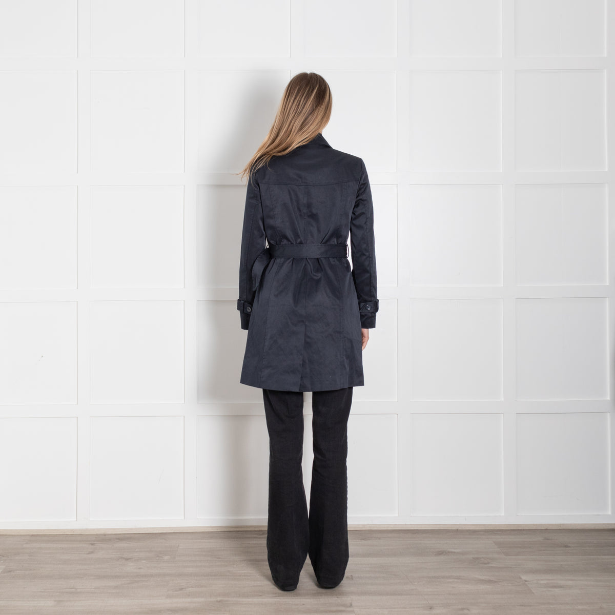 Soaked In Luxury Navy Frill Detail Belted Trench Coat