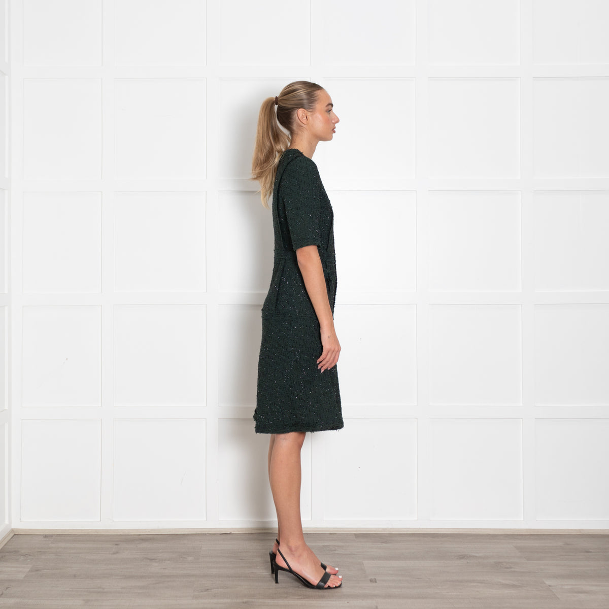 Teri Jon Dark Green Black Lurex Fleck Short Sleeve Dress