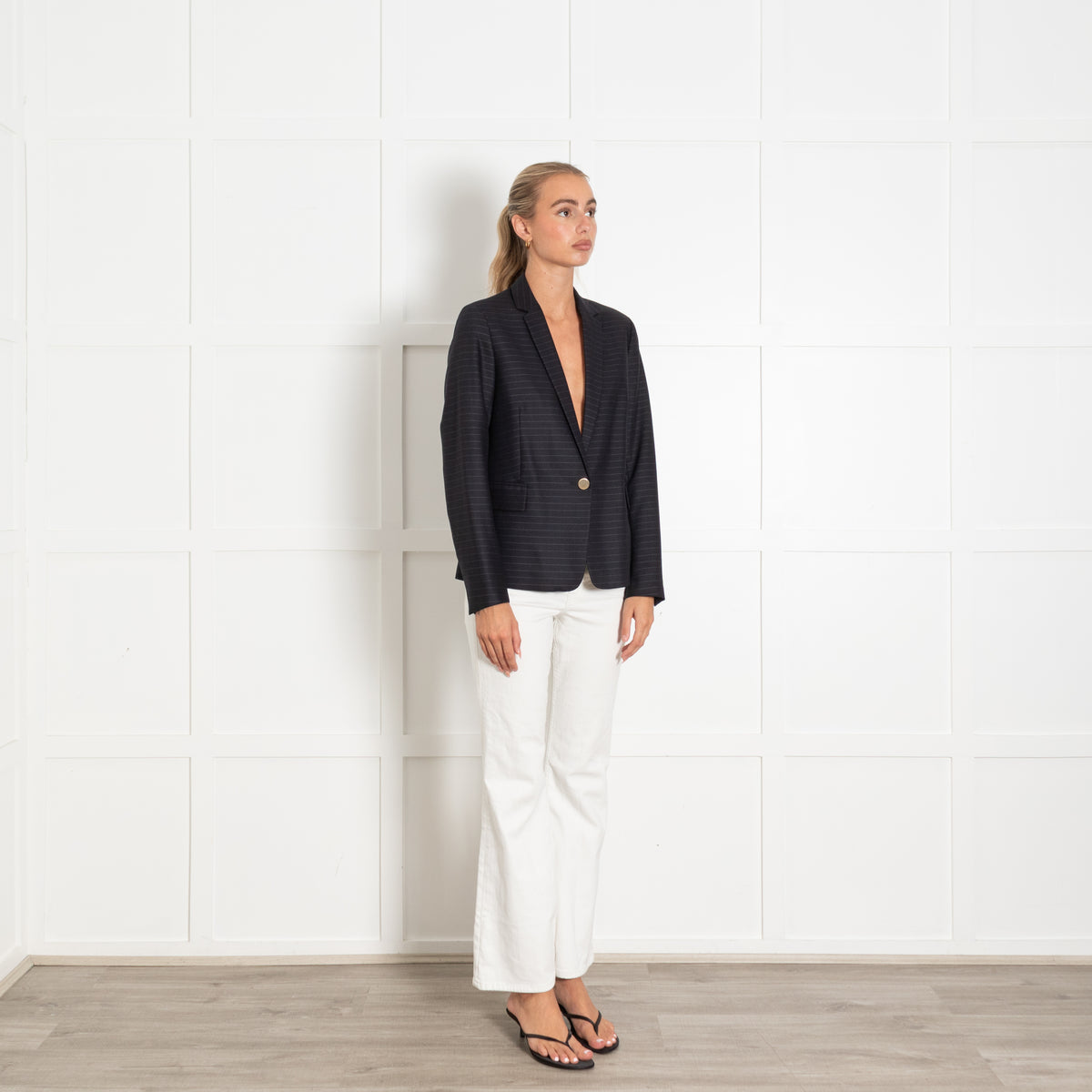 Sandro Navy Stripe Single Breasted Blazer With Gold Button