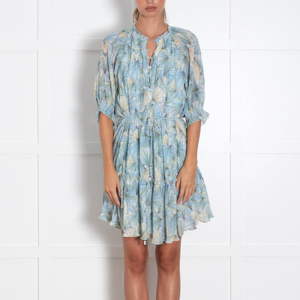 Veronica Beard Blue Yellow Green Floral Pattern Pleated Mini Dress