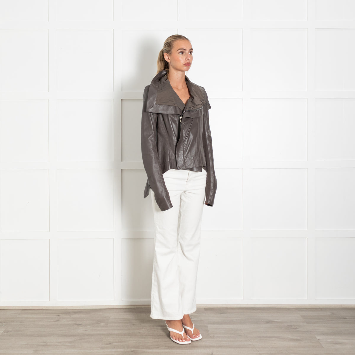 Rick Owens Grey Leather Asymmetric Biker Jacket