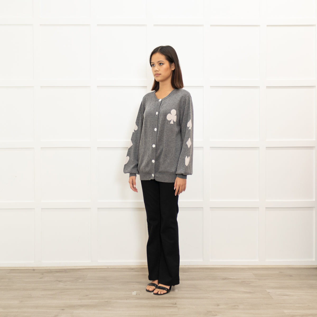 Orwell and Austen Grey Wool Mix Motif Cardigan