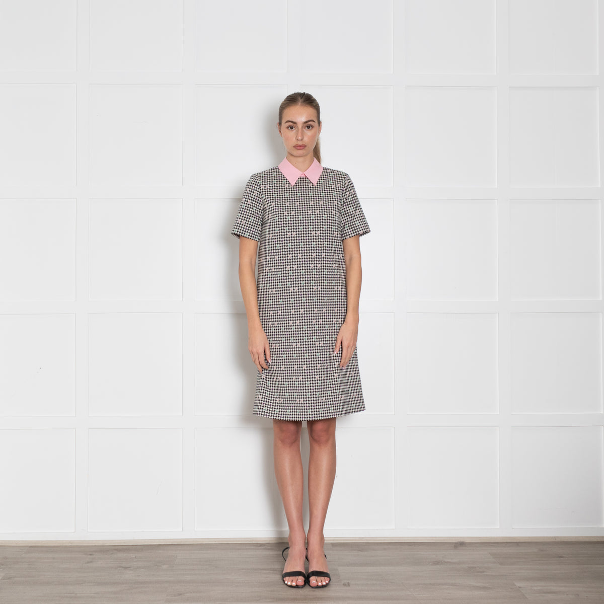 Paule Ka Cream Black Houndstooth Pattern Pink Collard Cotton Blend Midi Dress