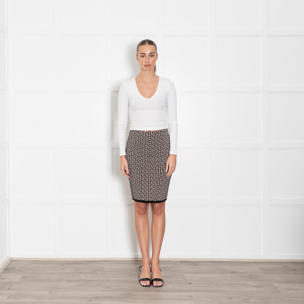 Balmain Black and Taupe Jacquard-knit Wool Blend Skirt With Back Zip