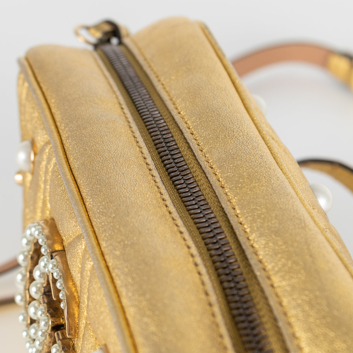 Gucci GG Marmont Gold Leather Pearl Crossbody Bag