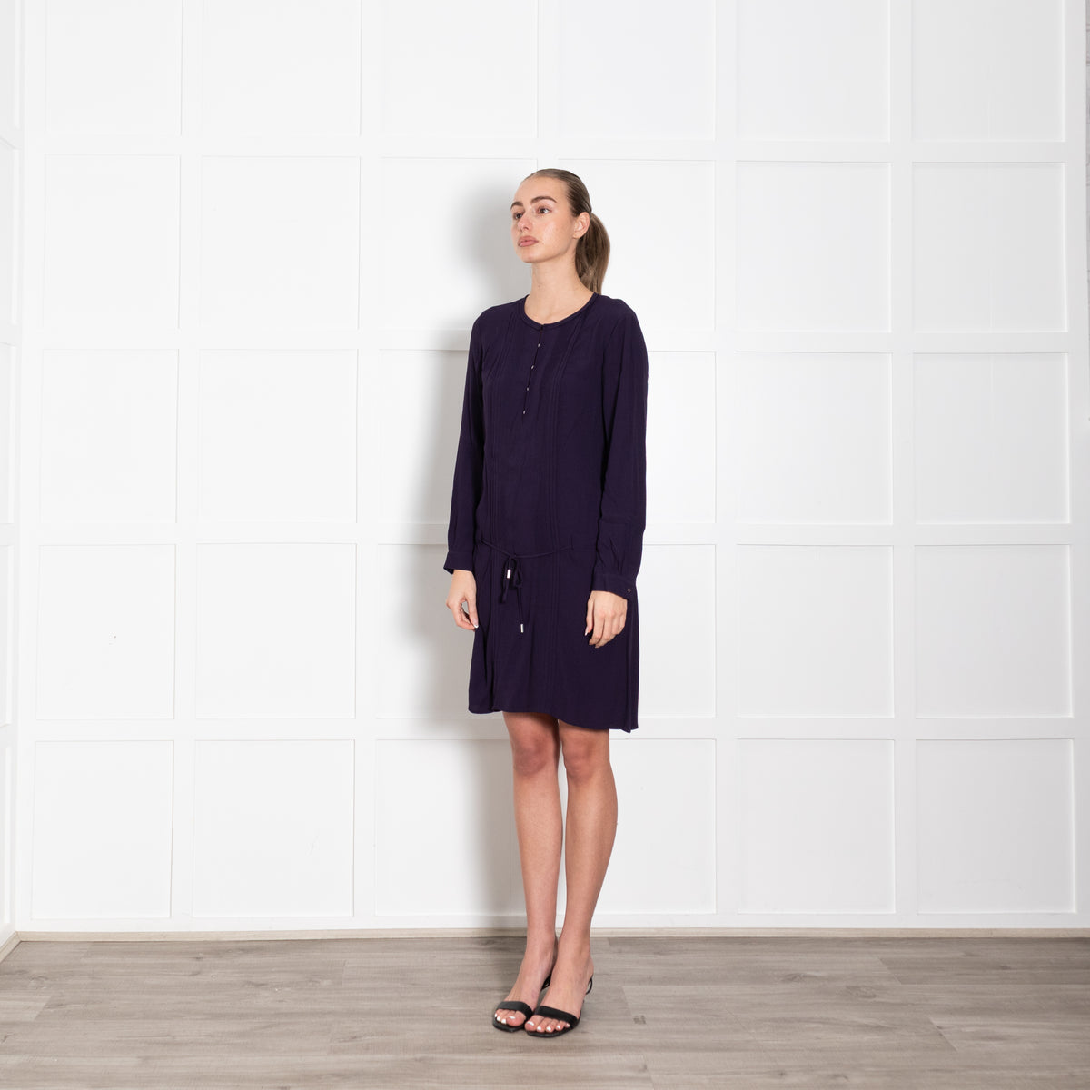 DVF Purple Pleats Detail Long Sleeve Dress